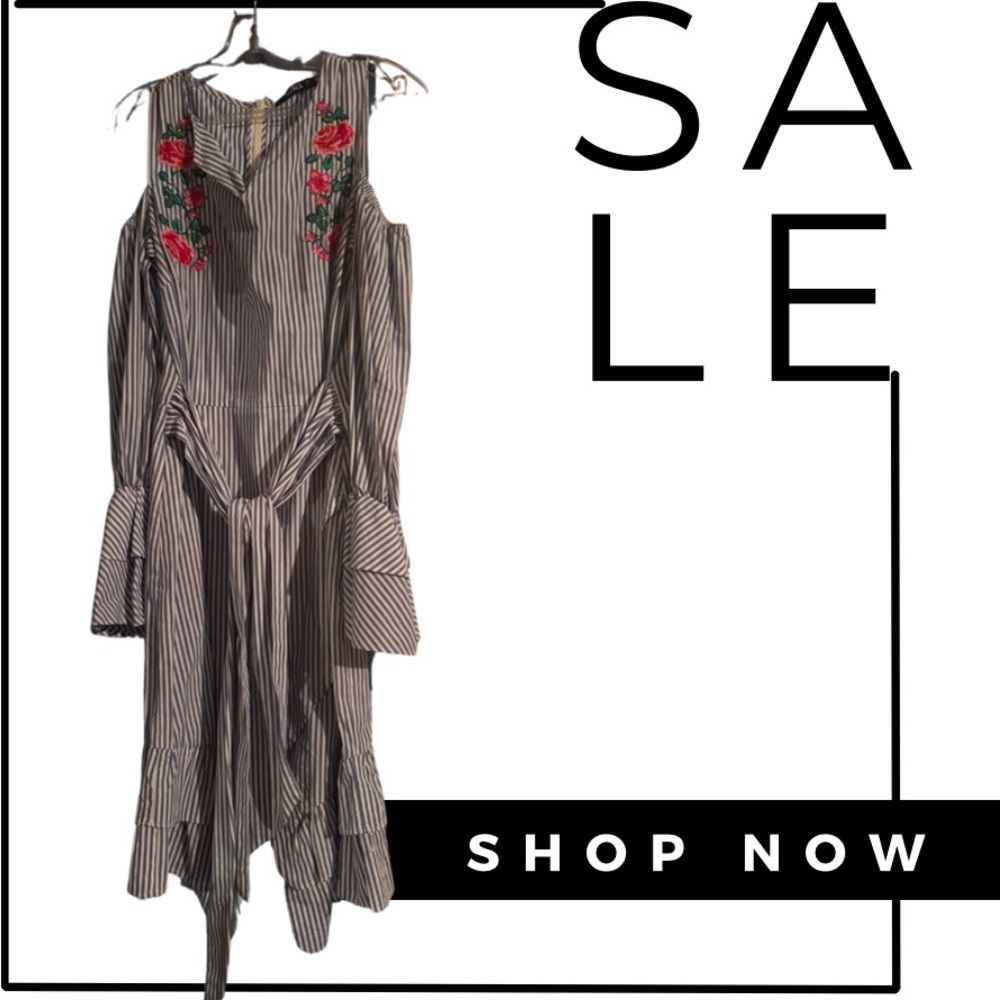 Blue and white striped midi dress flower embroidered, XOXO brand, size medium